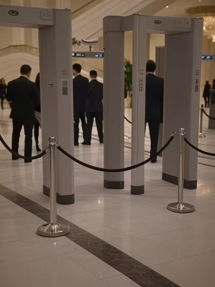 Sophisticated security checkpoint with metal detectors and surveillance cameras in luxury hotel sett
