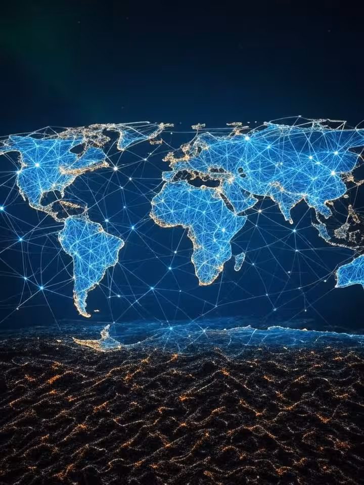 conceptual image of global network connections overlaid on world map with light nodes representing e