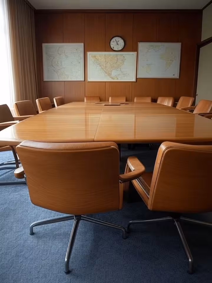 vintage 1970s meeting room with period-appropriate furniture, Cold War era diplomatic setting, histo