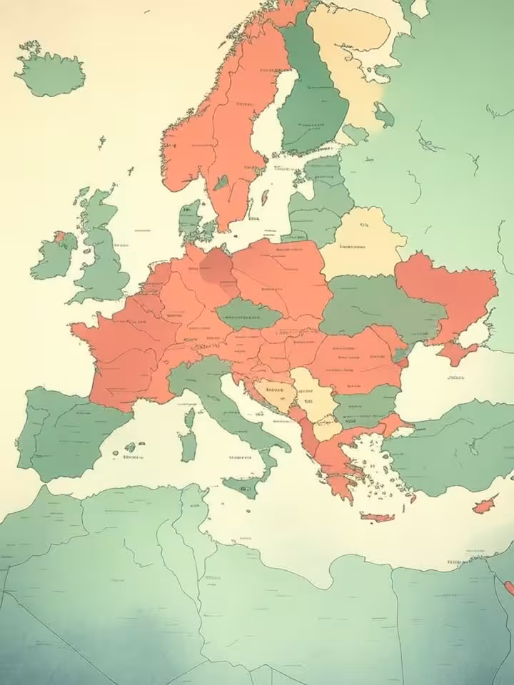 Map of post-war Europe with illustrated diplomatic connections, vintage cartography style showing tr