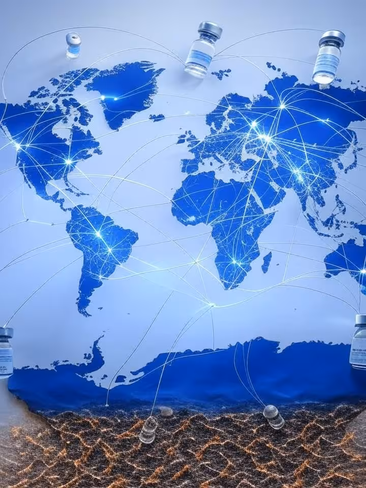 Symbolic representation of global health and technology convergence with vaccine vials, digital netw