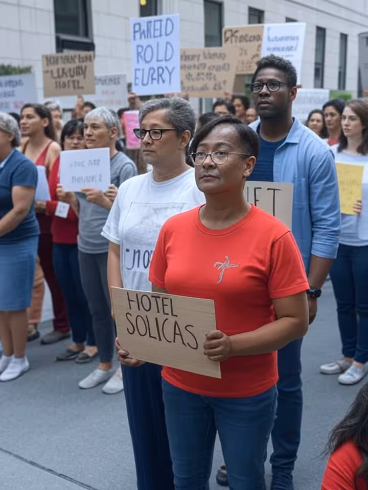 Protesters holding signs outside luxury hotel with security barriers, peaceful demonstration, divers