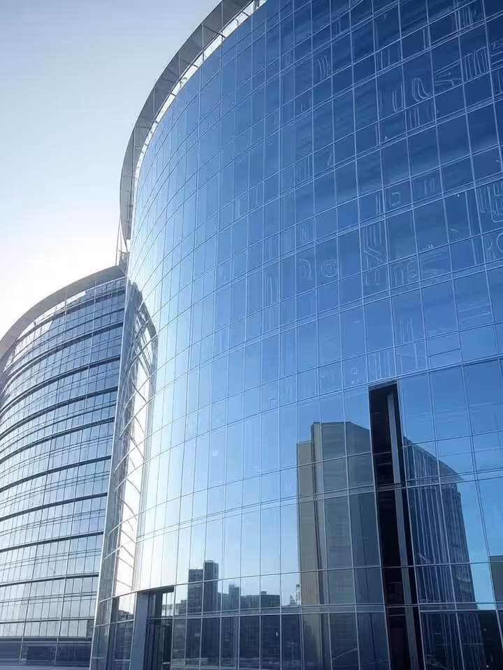 Modern European Parliament building exterior with AI circuit board patterns subtly overlaid in the a