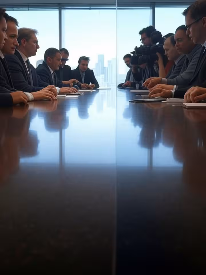 Split composition showing media executives in business attire attending formal conference contrasted
