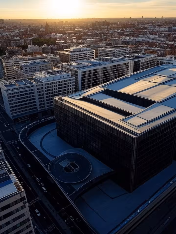 Aerial view of Madrid cityscape showing conference venue district, modern Spanish architecture, urba