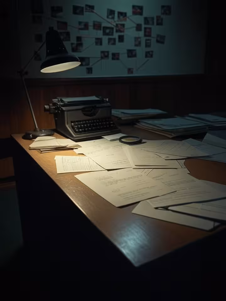 vintage 1980s investigative journalism desk with typewriter, leaked documents, red thread connecting
