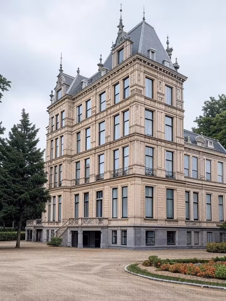 Historic Hotel de Bilderberg in Netherlands exterior view, classic European architecture, documentar