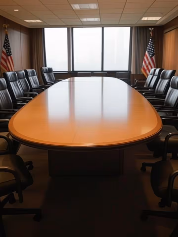 Secure conference room with leather chairs around large oval table, subdued lighting, American and E