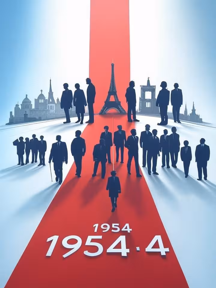 Historical timeline visualization showing French involvement from 1954 to 2024, minimalist infograph