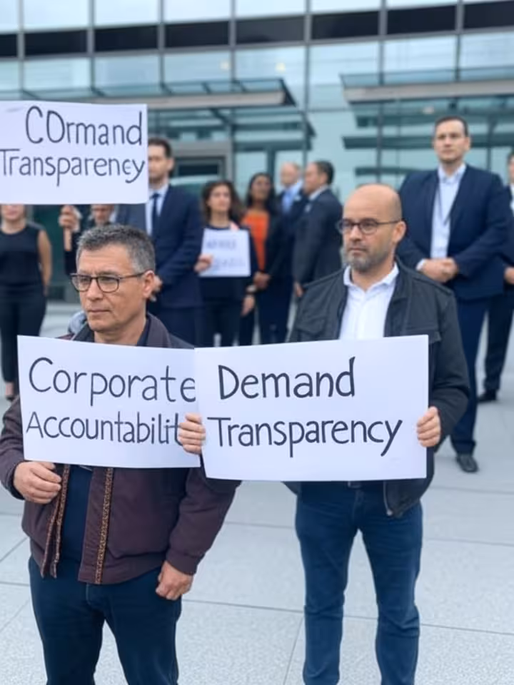 Protestors outside luxury conference venue holding transparency signs while security stands guard, d