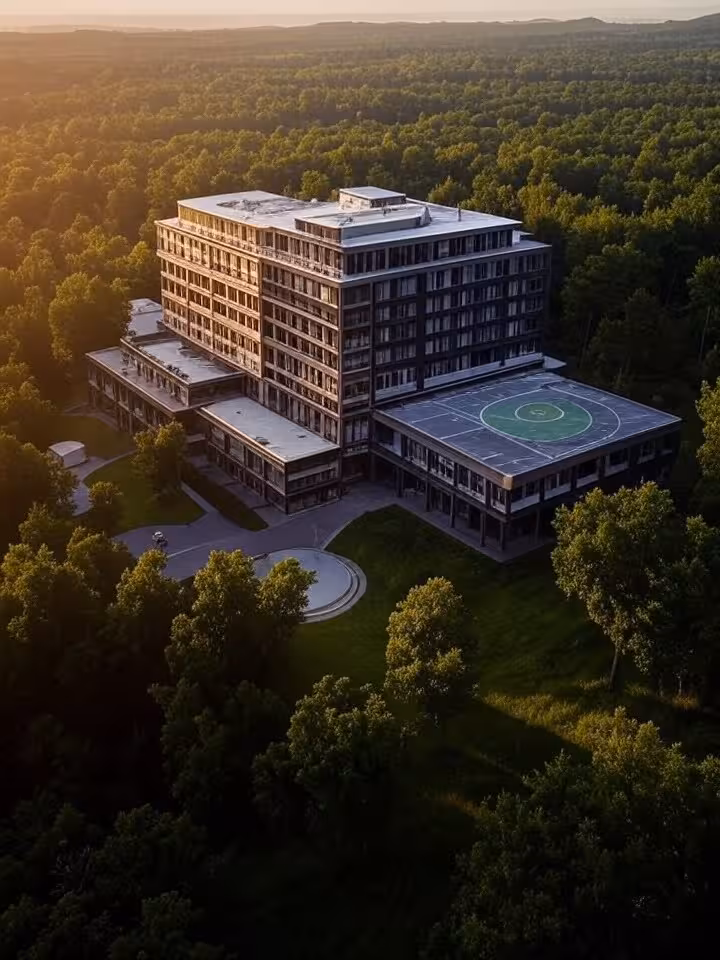 Aerial view of exclusive resort hotel surrounded by dense forest and security perimeter, helicopter