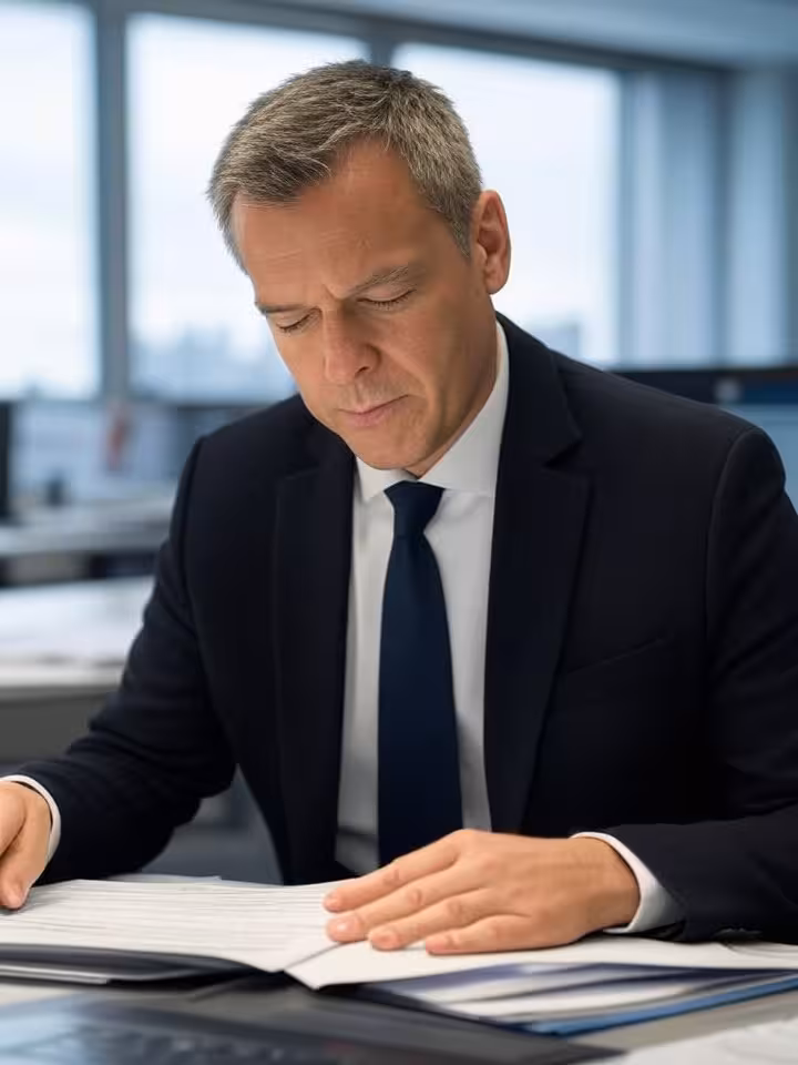 Investigative journalism scene with reporter reviewing multiple sources and documents, modern newsro